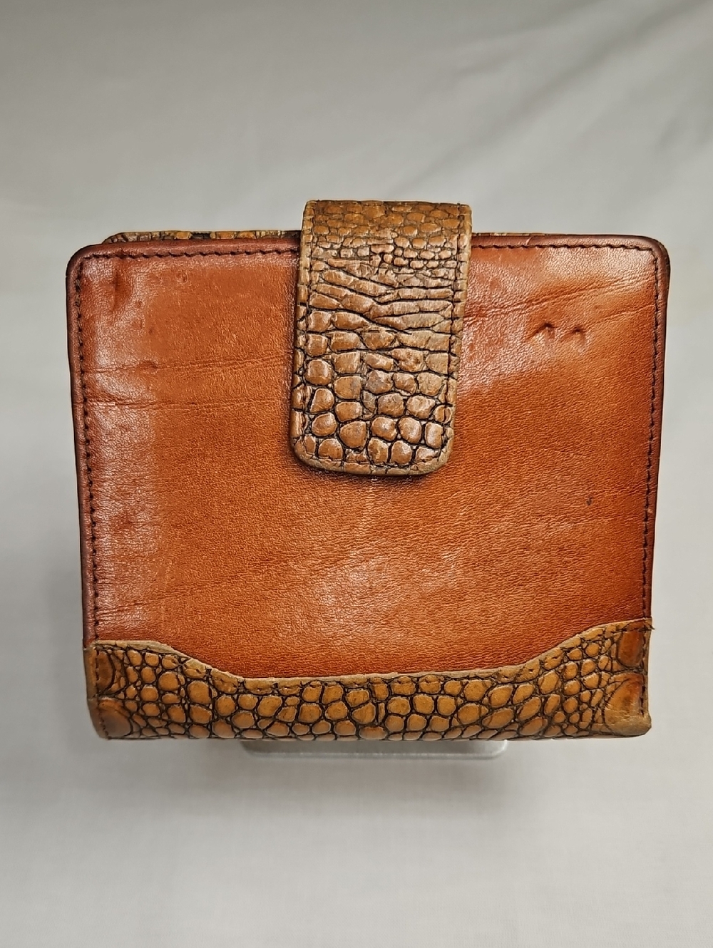 Brahmin Vintage Cognac Leather Bi-fold Wallet with Dark Croc Trim